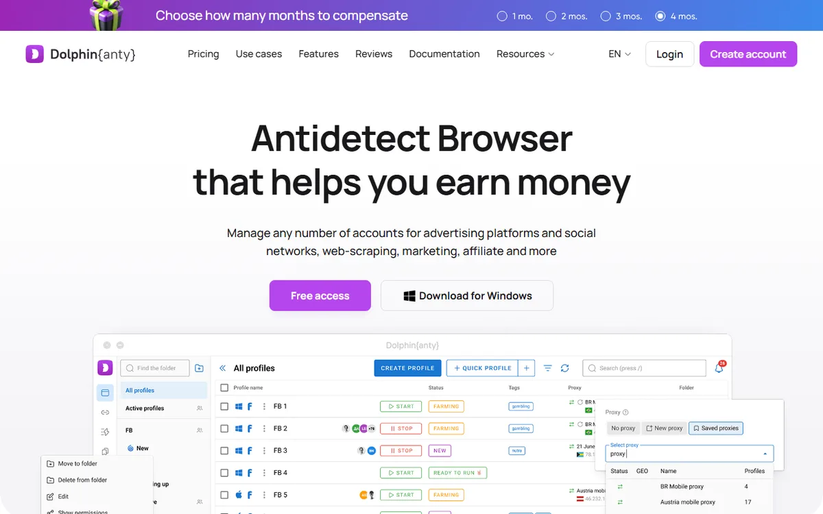 Главная Dolphin Anty: Antidetect Browser, управление любым числом аккаунтов, интерфейс со списком профилей FB 1–FB 5, статусами, тегами и прокси