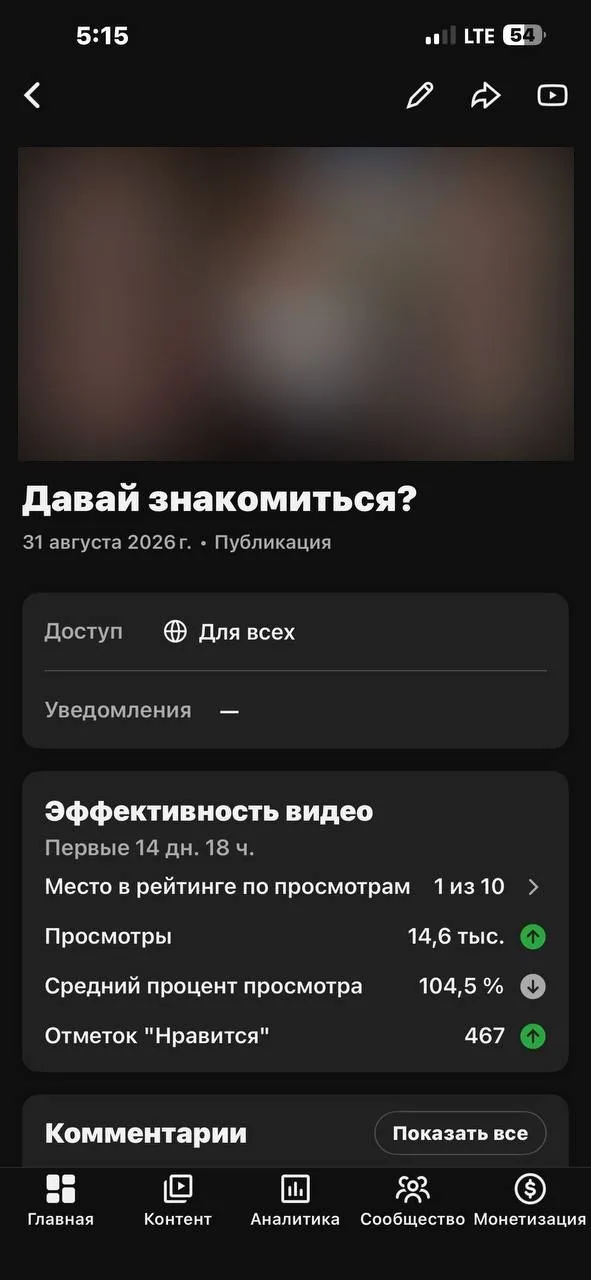 Карточка ролика в YouTube Studio: опубликован 31 августа 2026, доступ для всех, эффективность за первые 14 дней 18 часов — 14,6 тыс. просмотров, 104,5%, 467 лайков