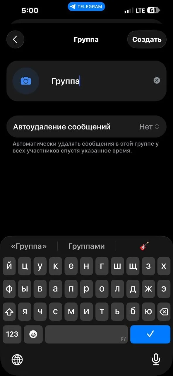 Экран названия новой группы в Telegram: поле названия и настройка «Автоудаление сообщений: Нет»