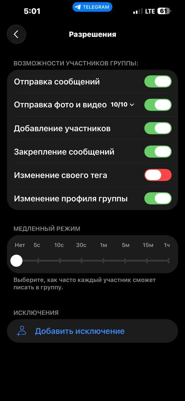 Разрешения участников группы в Telegram: переключатели отправки сообщений, фото и видео, добавления участников, закрепления; шкала медленного режима от 5 секунд до 1 часа; исключения
