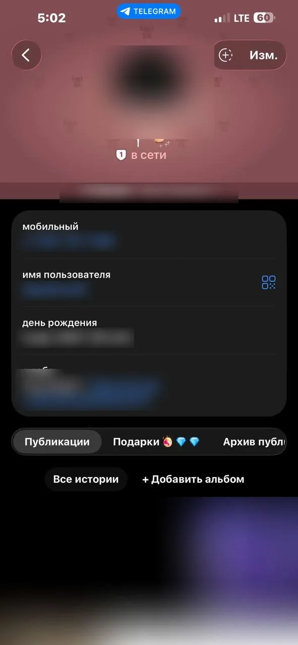 Свой профиль в Telegram: статус «в сети», поля «мобильный», «имя пользователя», «день рождения», «о себе», вкладки «Публикации» и «Подарки», счётчика гостей нет