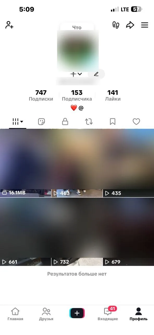 Профиль TikTok: имя из одного символа, ник под ним, 747 подписок, 153 подписчика, 141 лайк, сетка роликов с числом просмотров