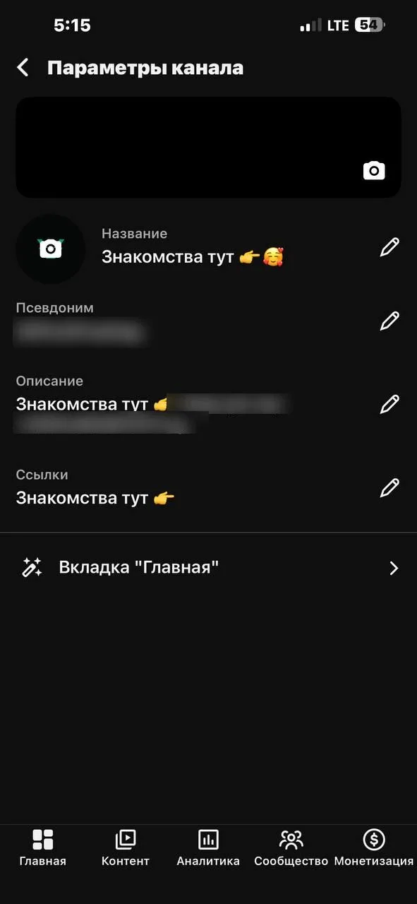 Параметры канала в YouTube Studio: название «Знакомства тут» с эмодзи, псевдоним, описание со ссылкой и ссылки в шапке канала