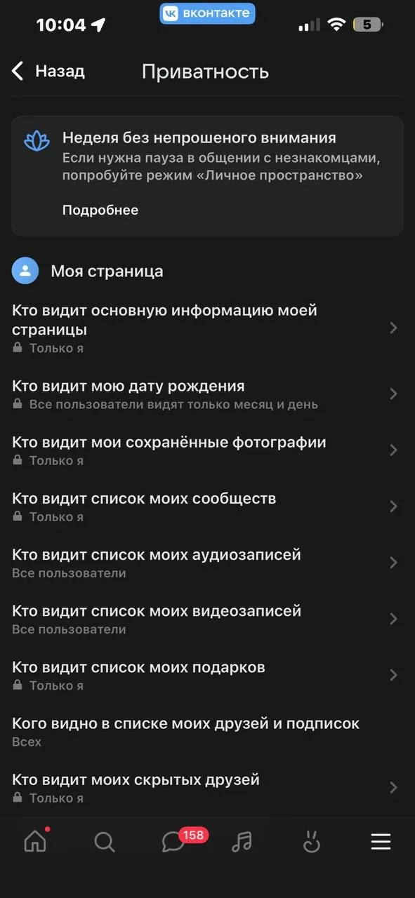 Тот же раздел приватности в приложении ВКонтакте: у строк стоит значение «Только я»