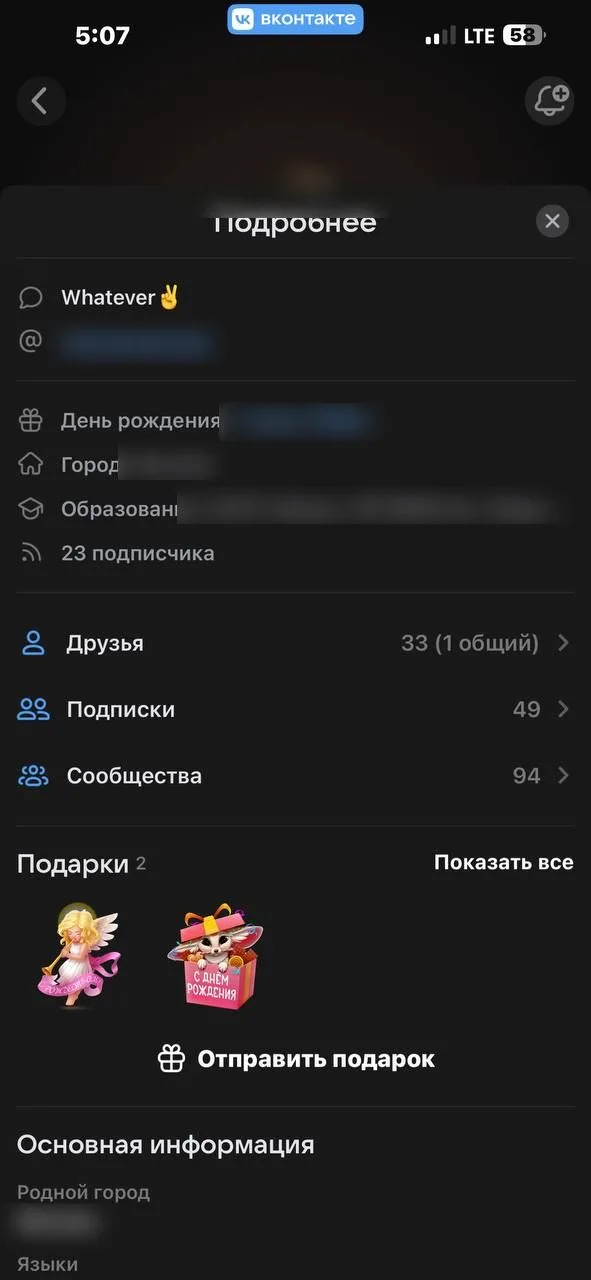 Раздел «Подробнее» в чужом профиле ВКонтакте: первой строкой статус «Whatever✌», ниже ник, день рождения, город, образование и число подписчиков