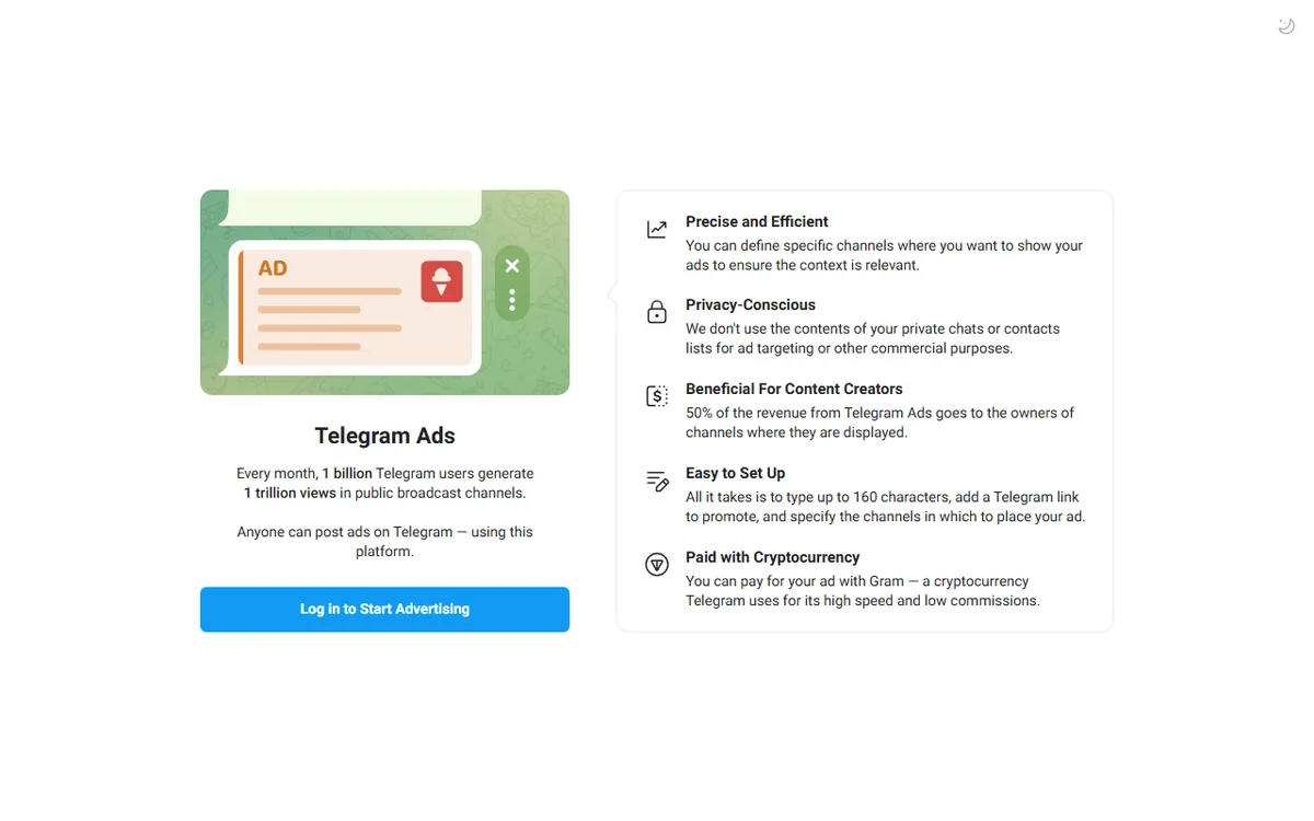 Страница Telegram Ads: 1 млрд пользователей и 1 трлн просмотров в каналах в месяц, выбор каналов для показа, 50% дохода владельцам каналов, объявление до 160 символов, оплата криптовалютой
